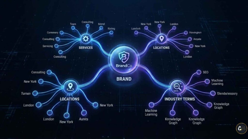 A visual representation of a Knowledge Graph and Entity associations for SEO.
