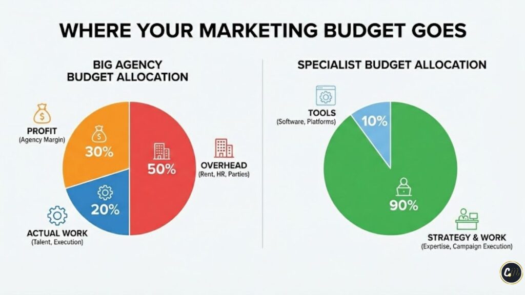 Budget allocation comparison between big marketing agencies and independent consultants.