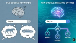 Difference between keyword matching and semantic entity understanding in Google Search.