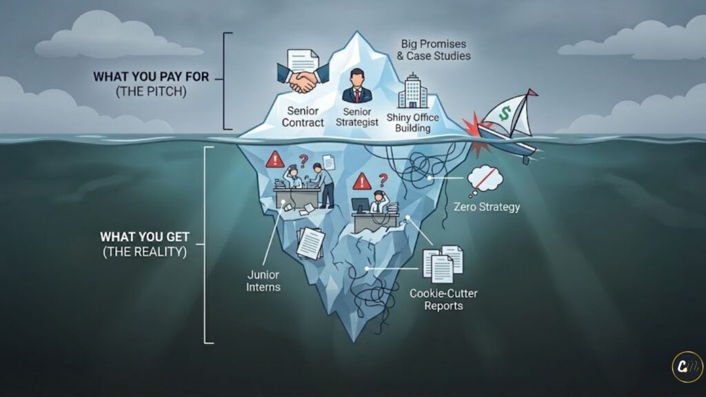 The agency iceberg illusion showing the difference between sales pitch and delivery.