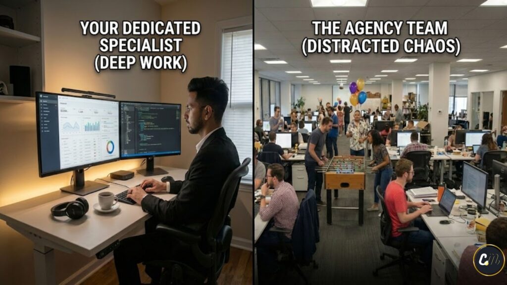 Focused deep work by a specialist vs the chaos of a generalist agency.