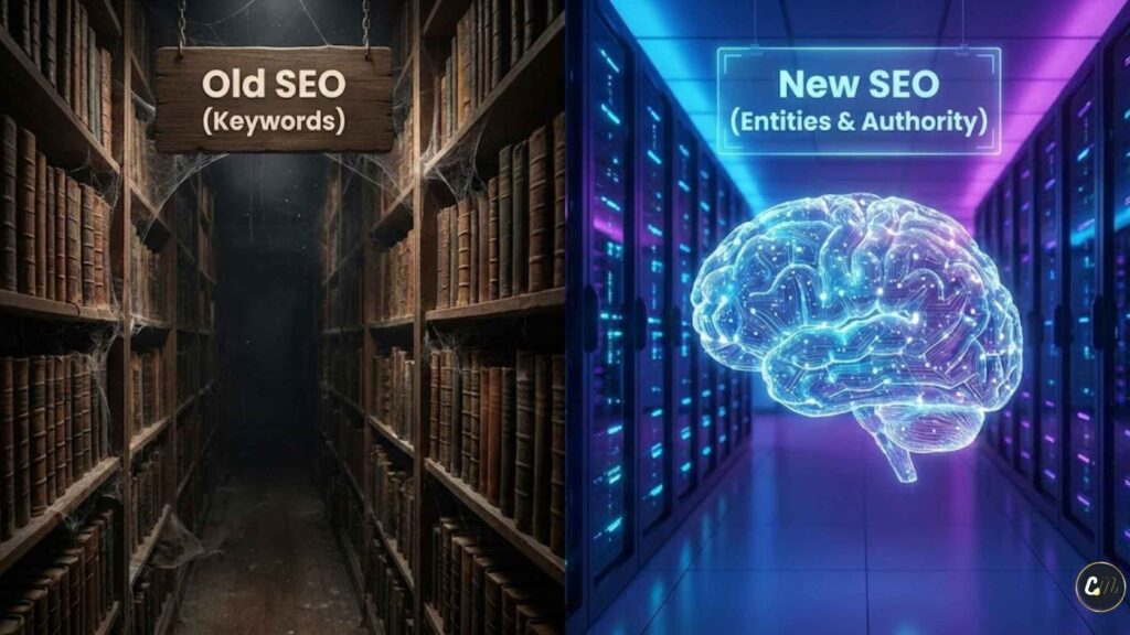 Comparison between traditional keyword SEO and the future of AI Search Generative Experience (SGE).